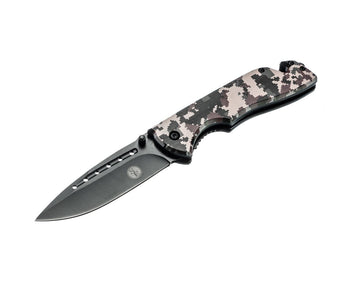 SE Drop Point Desert Digital Camo folding knife front view for camping readiness