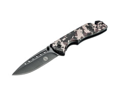 SE Drop Point Desert Digital Camo folding knife front view for camping readiness