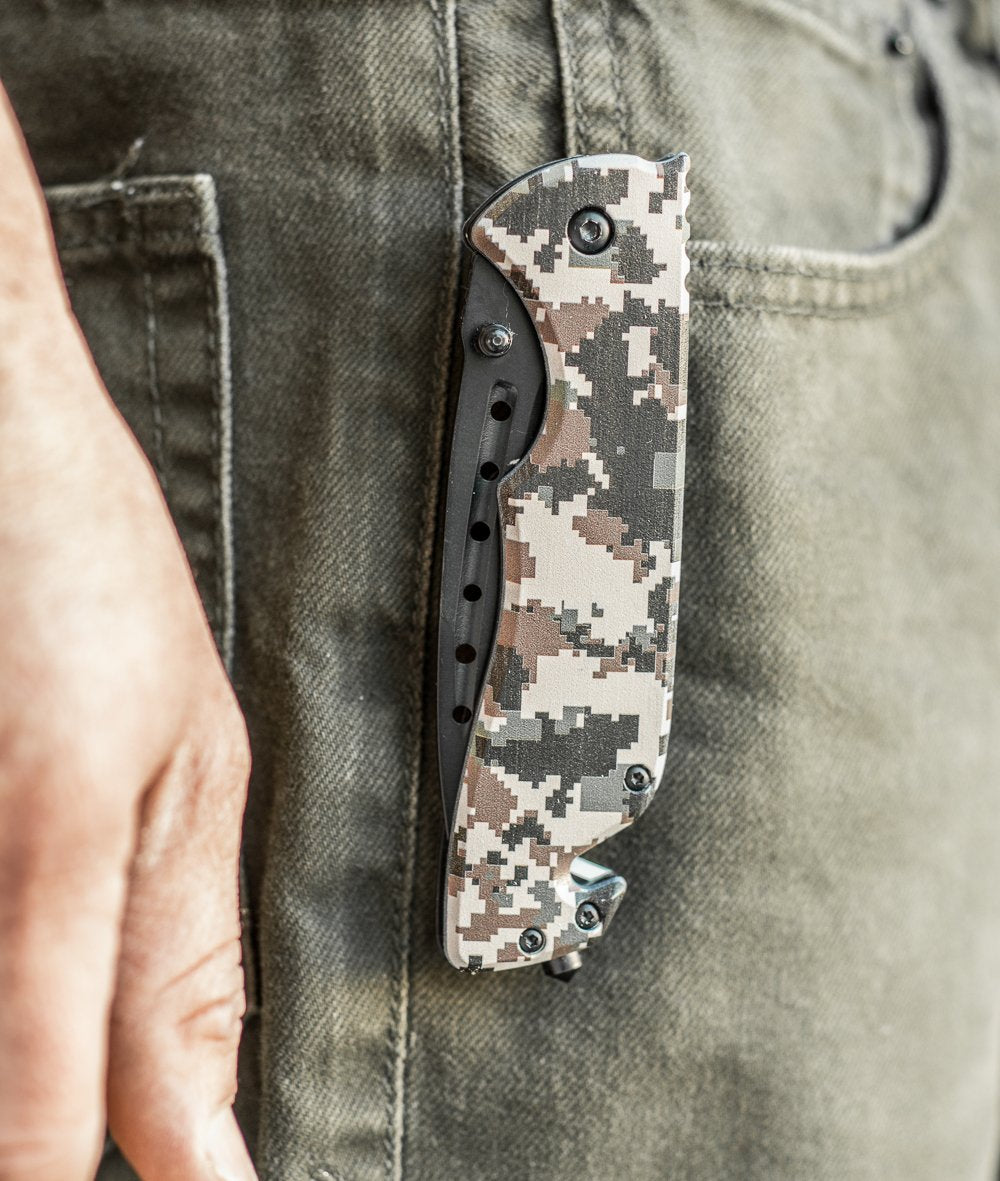 SE Desert Digital Camo seatbelt cutter detail for quick automotive use