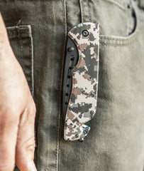 SE Desert Digital Camo seatbelt cutter detail for quick automotive use