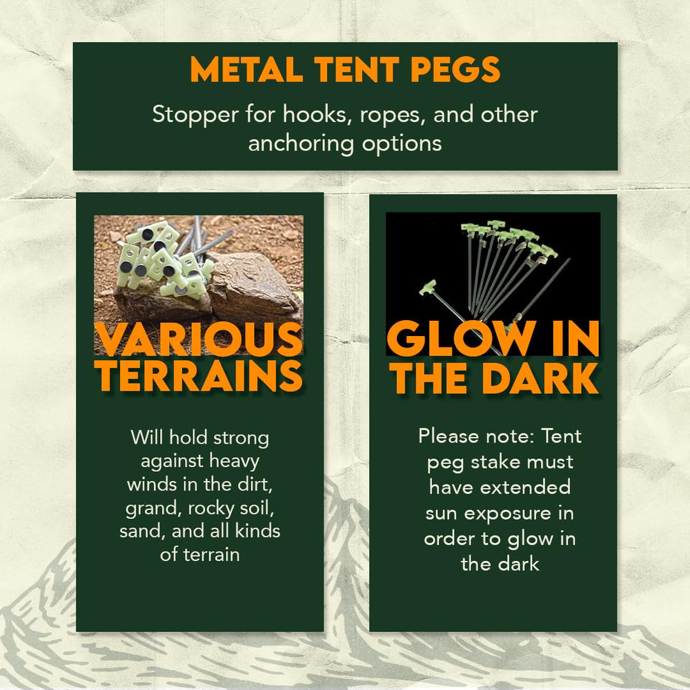 SE glow-in-the-dark stoppers enhance night-time stake location on campsites.