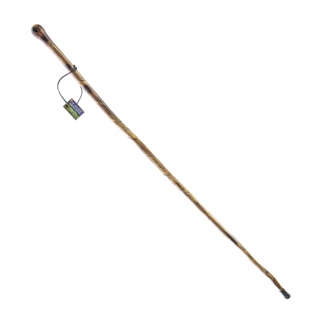 SE natural wood walking stick with knob-top spiral design for stable hikes.