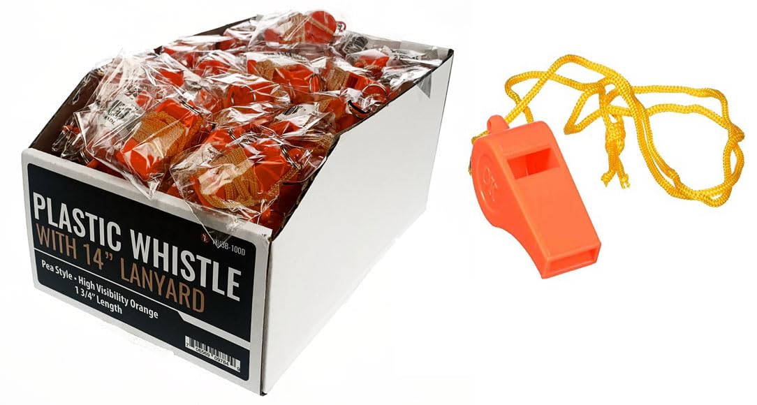 SE orange plastic whistle with 14-inch lanyard for quick signaling during outdoor events.