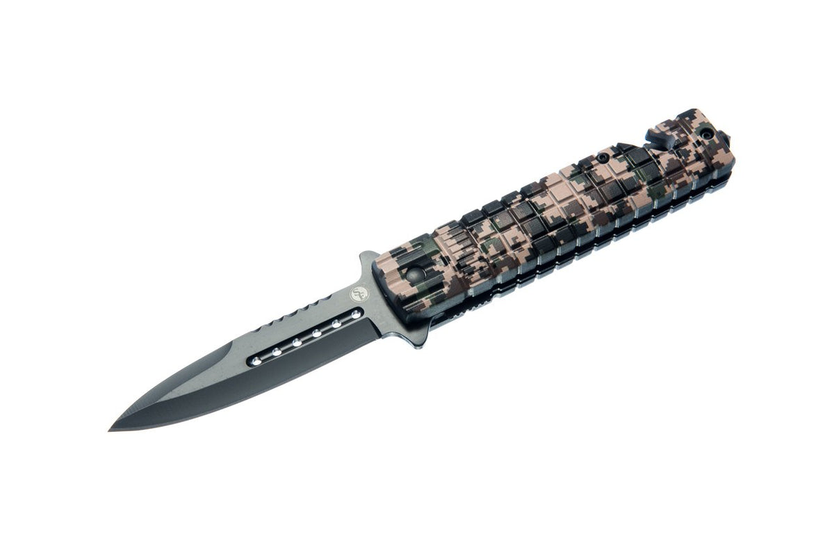 SE Spear Point Folding Knife with desert digital camo for outdoor cutting tasks.