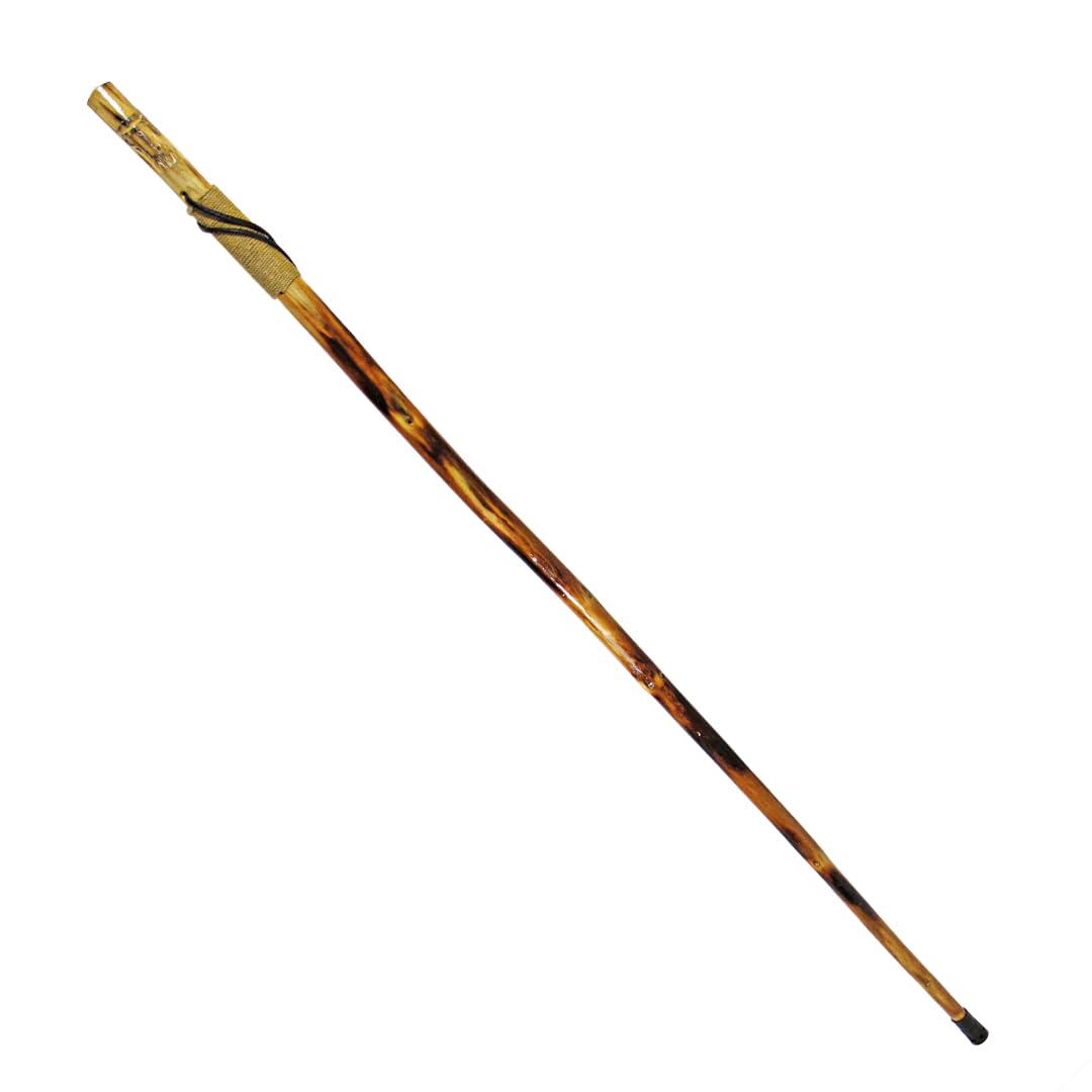 SE Survivor 55-inch wolf carving walking stick with rope-wrapped grip for trekking