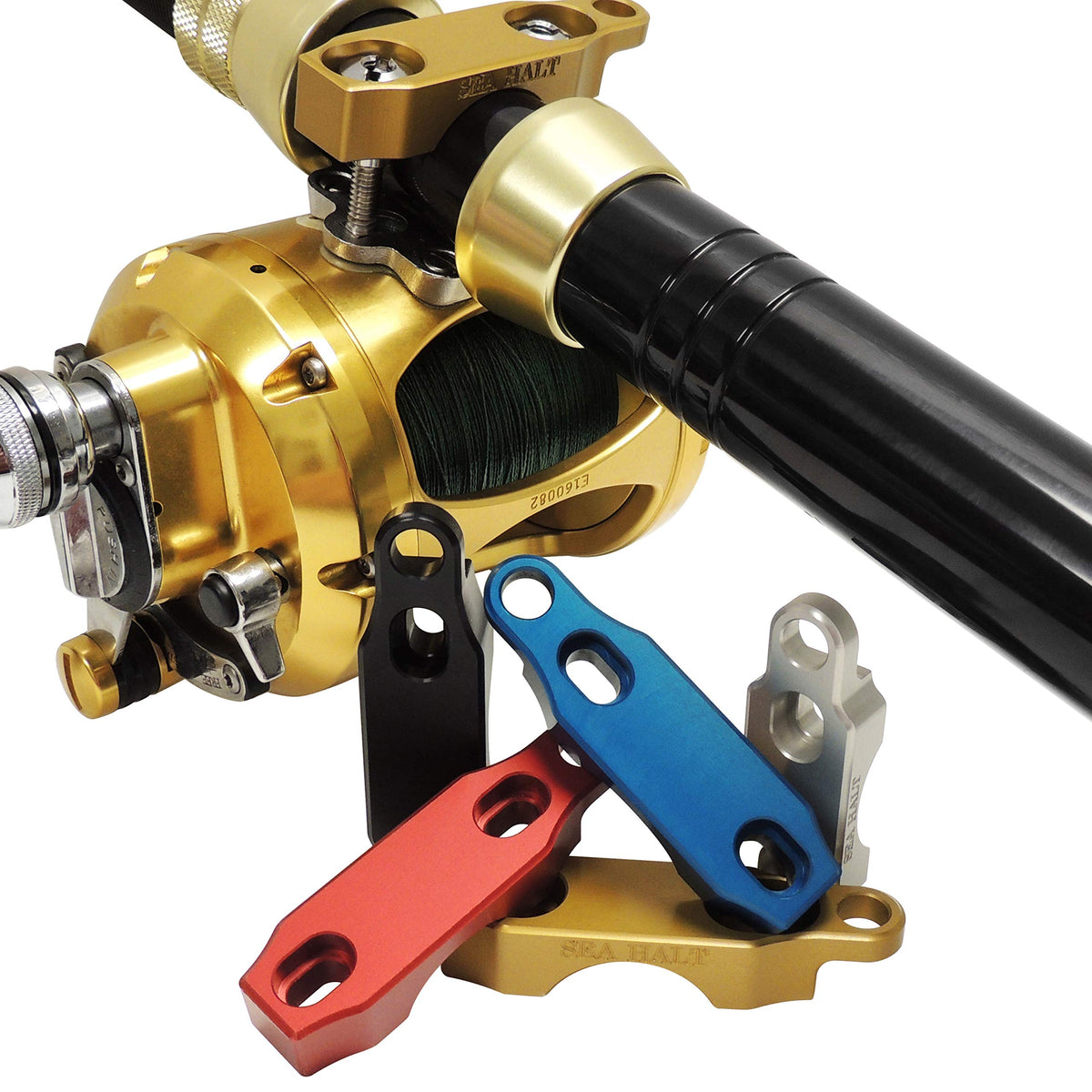 Sea Halt reel clamp on a Penn International Torque shows rugged aluminum construction for saltwater use.