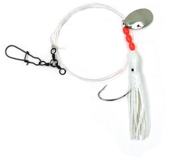 Sea Striker 365-WH squid skirt rig bottom hook with spinner blade enhances flounder attraction.