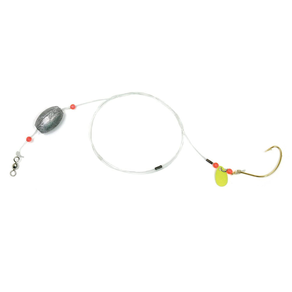 Sea Striker F4-34C flounder rig with chartreuse blade boosts visibility and attraction.