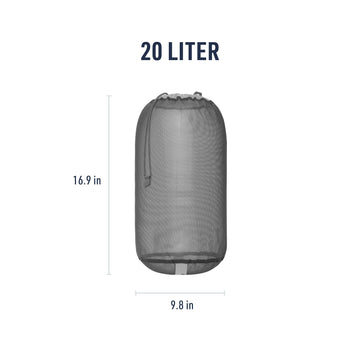 Sea to Summit 20L mesh sack dimensions indicate lightweight organization capability.