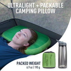 Sea to Summit Aeros Premium inflatable pillow packed size highlighted for effortless storage in backpacks.