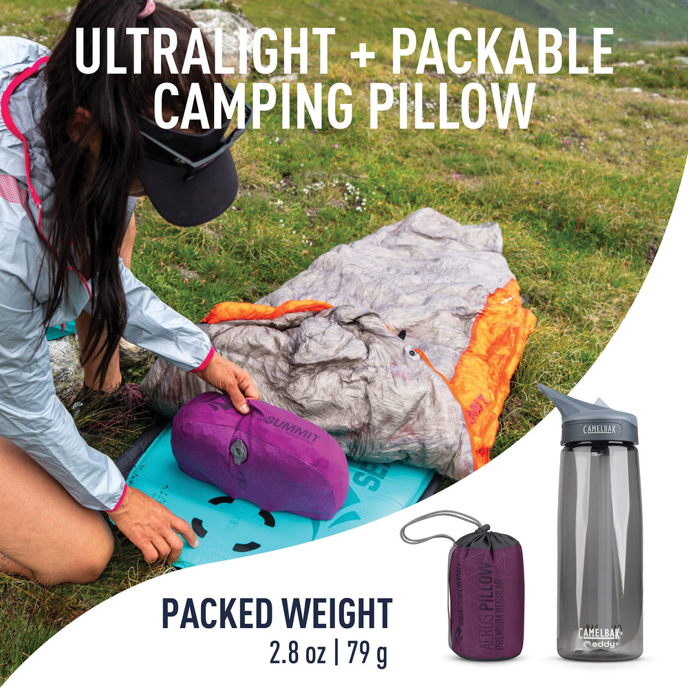 Sea to Summit Aeros Premium Inflatable Travel Pillow magenta inflated close-up shows soft knit texture