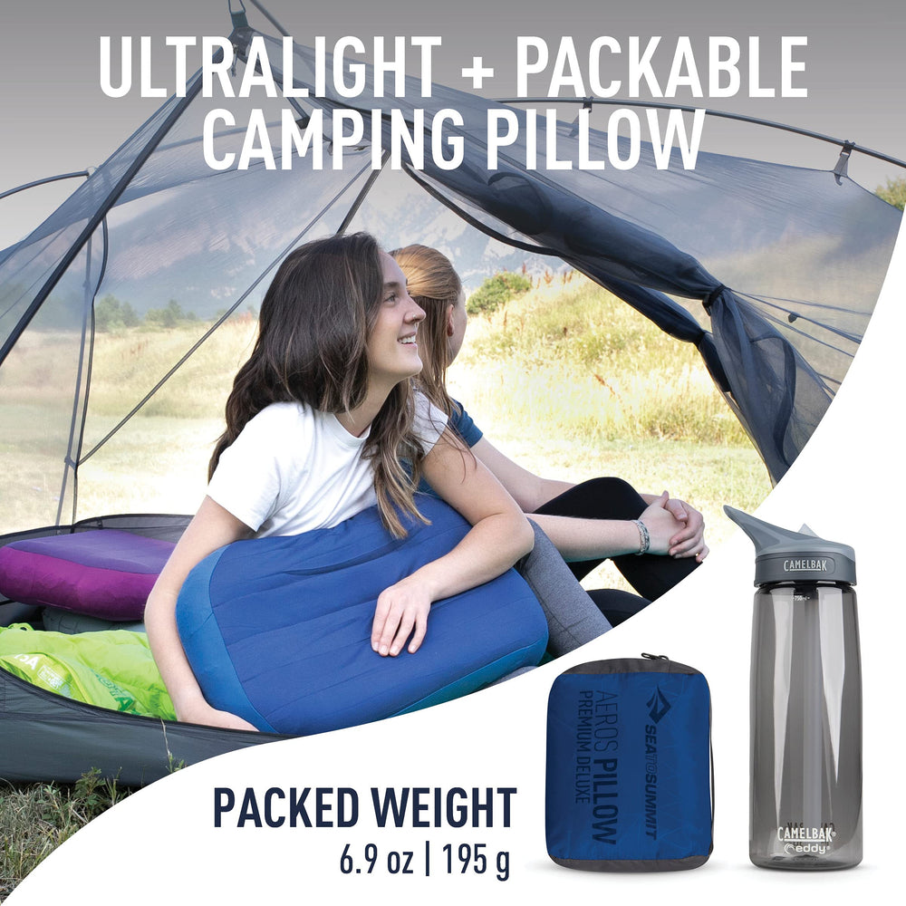 Sea to Summit Aeros Premium Inflatable Travel Pillow uses lightweight fabrics to reduce pack weight