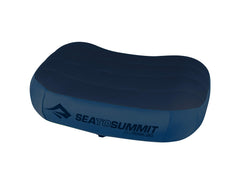 Sea to Summit Aeros Premium inflatable travel pillow, navy knit texture for comfort.