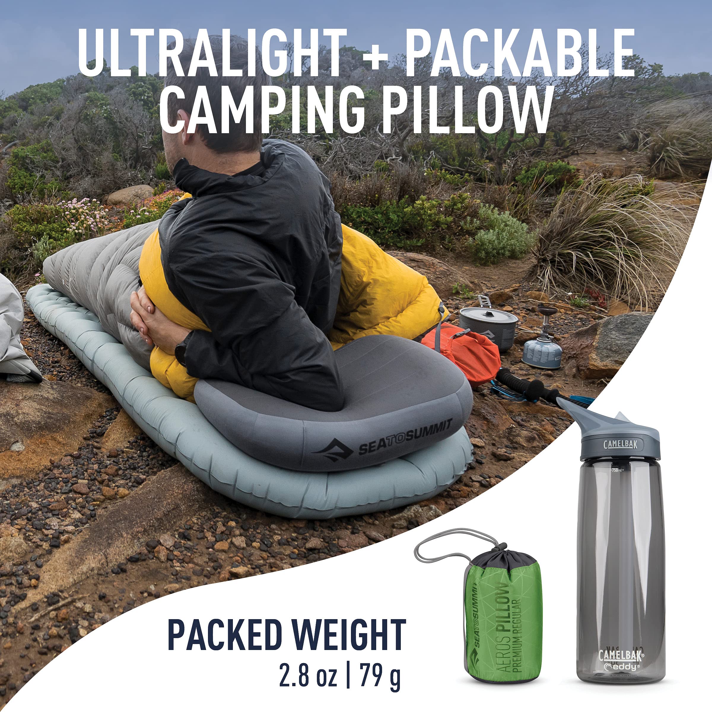 Sea to Summit Aeros Premium pillow packs small for compact travel storage.