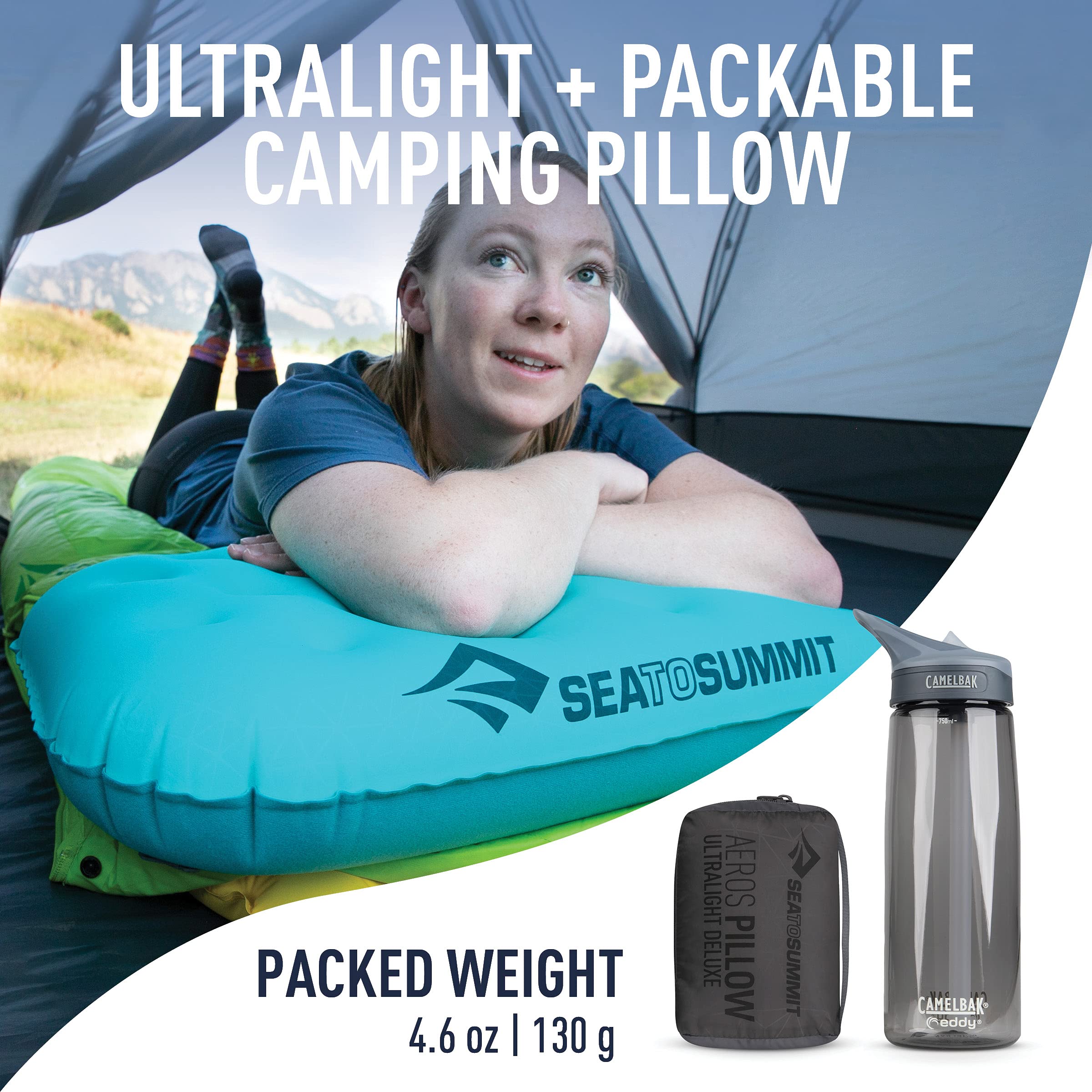 Sea to Summit Aeros Ultralight Deluxe pillow secured on a sleeping mat with PillowLock for stable sleep.