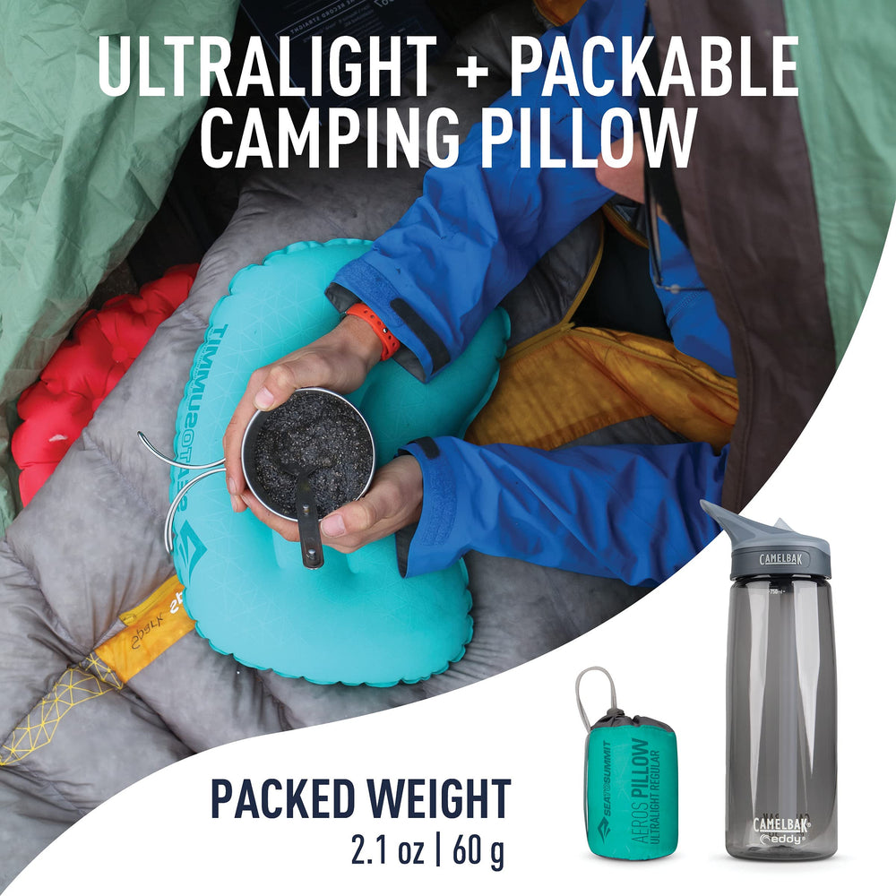 Sea to Summit Aeros Ultralight Pillow uses 20D fabric softness for cozy nights outdoors.