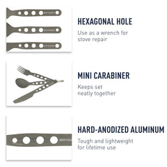 Sea to Summit Alpha Set compact carabiner attached to cutlery