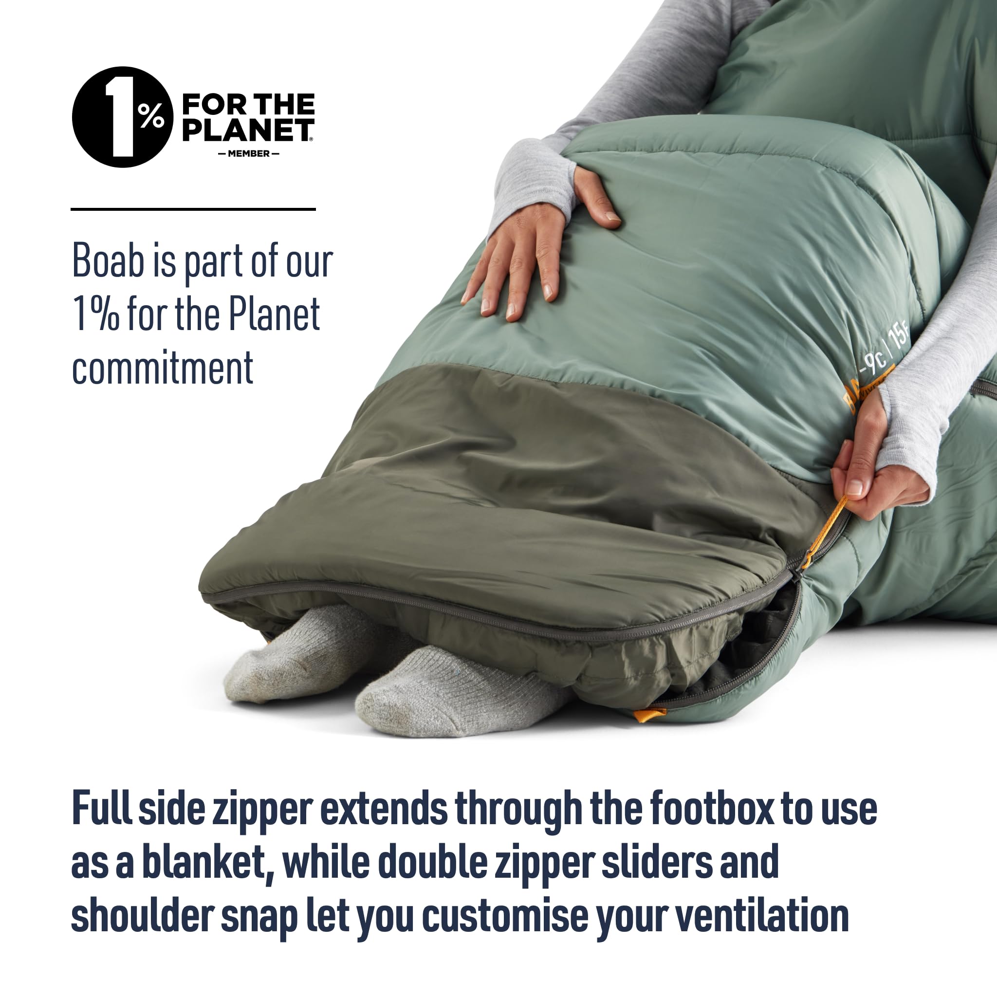 Sea to Summit Boab sleeping bag includes a zipper draft tube to block cold air.