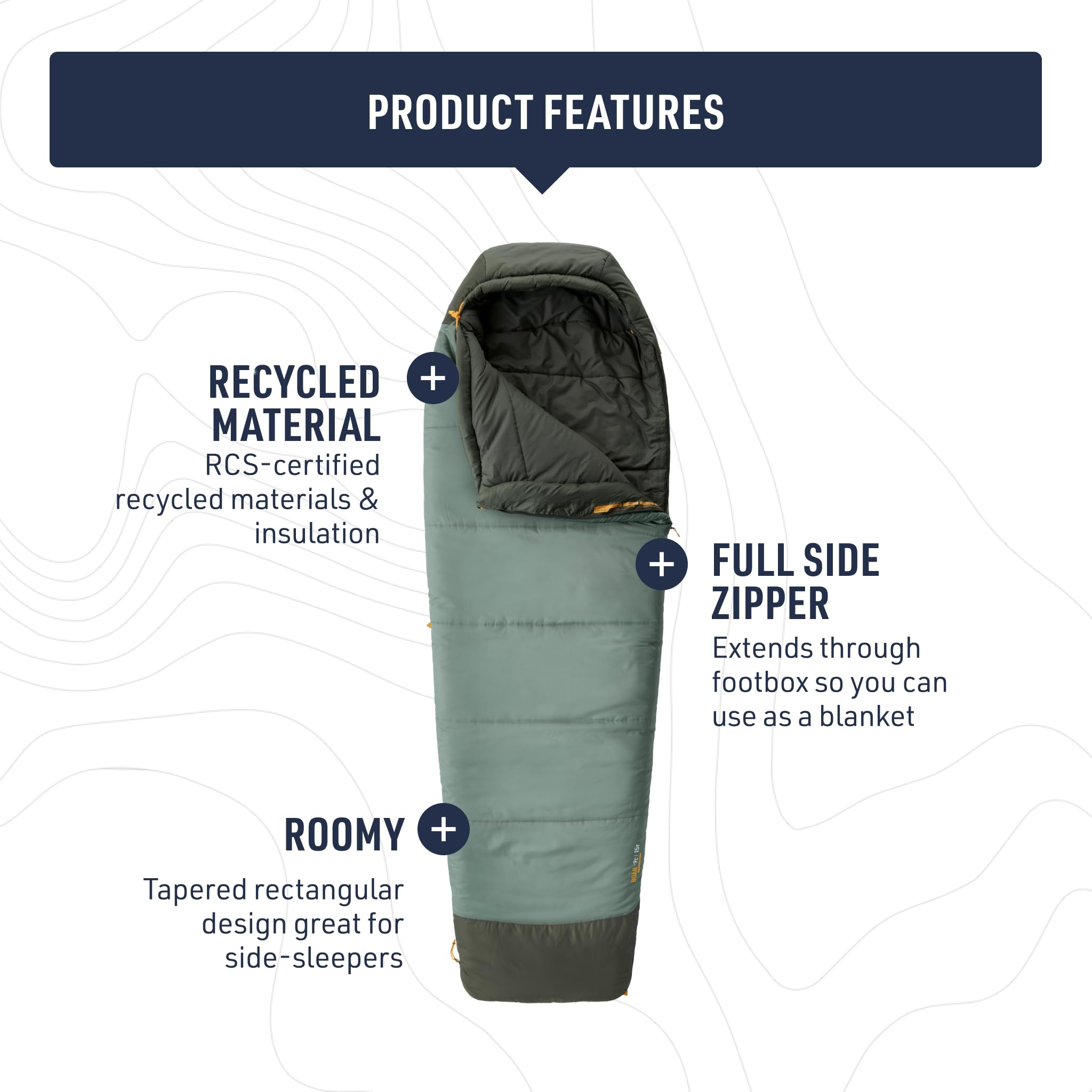 Sea to Summit Boab sleeping bag features recycled materials and a water-repellent DWR finish.