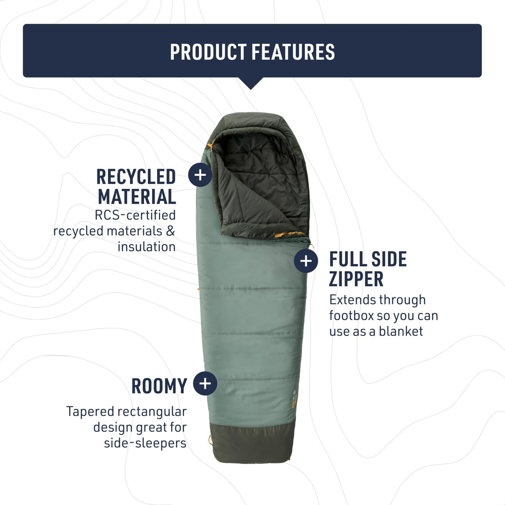 Sea to Summit Boab sleeping bag features recycled materials and a water-repellent DWR finish.