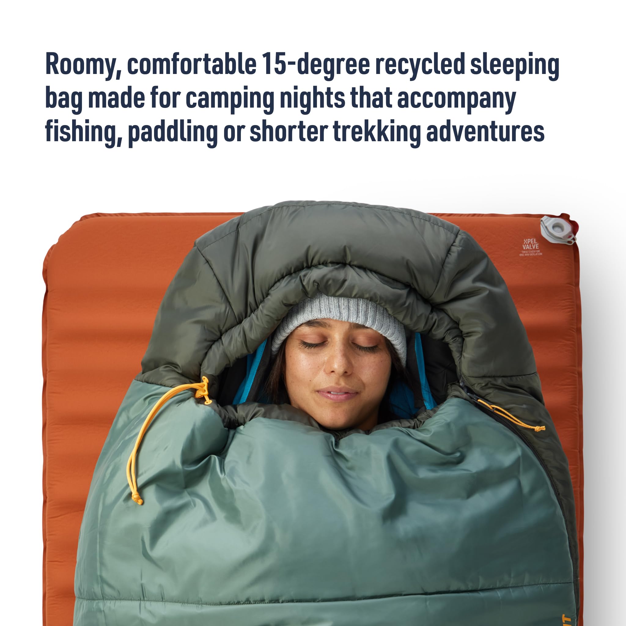 Sea to Summit Boab sleeping bag with full-length zipper extended to the footbox for blanket-style versatility.