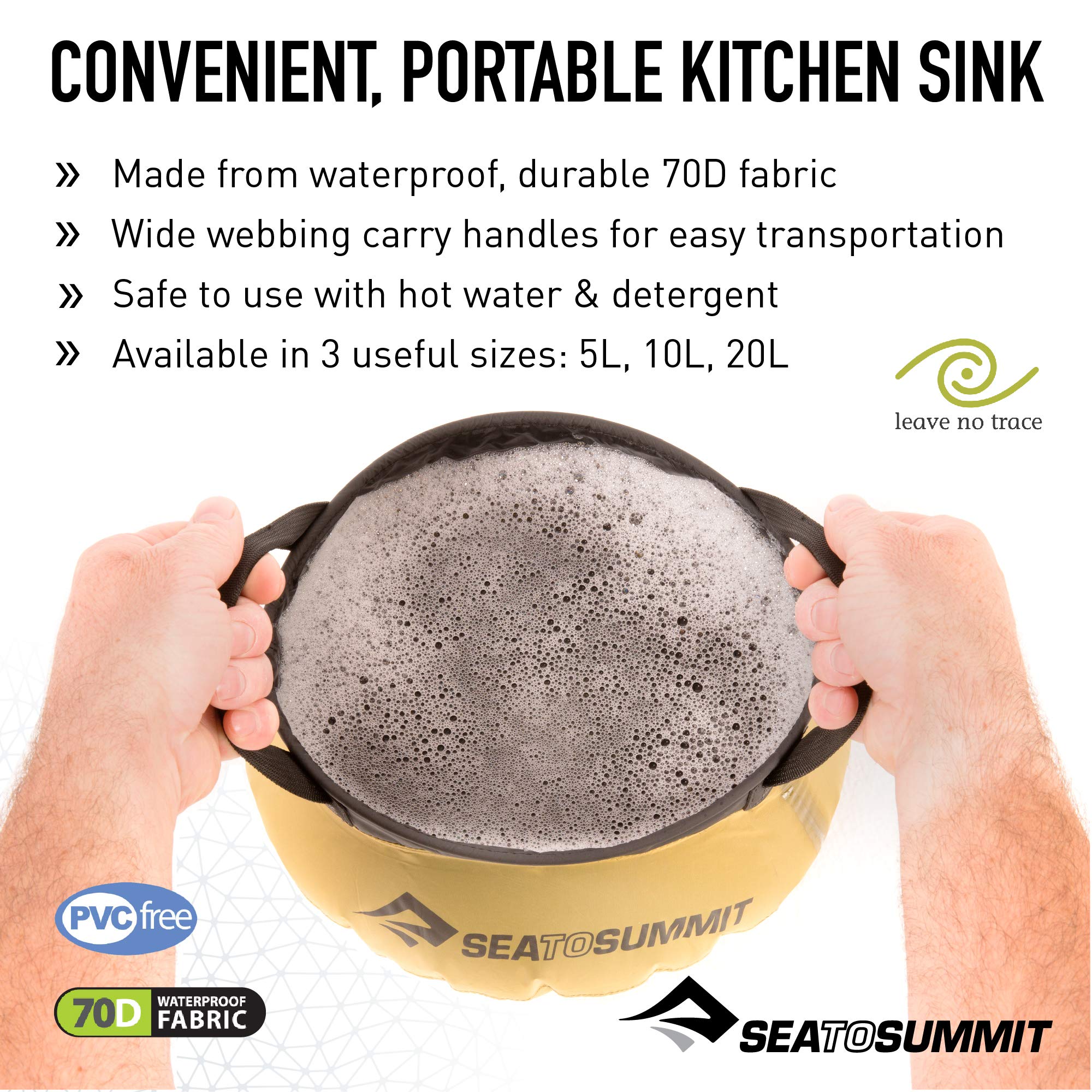 Sea to Summit collapsible sink full setup, water-ready for washing dishes.