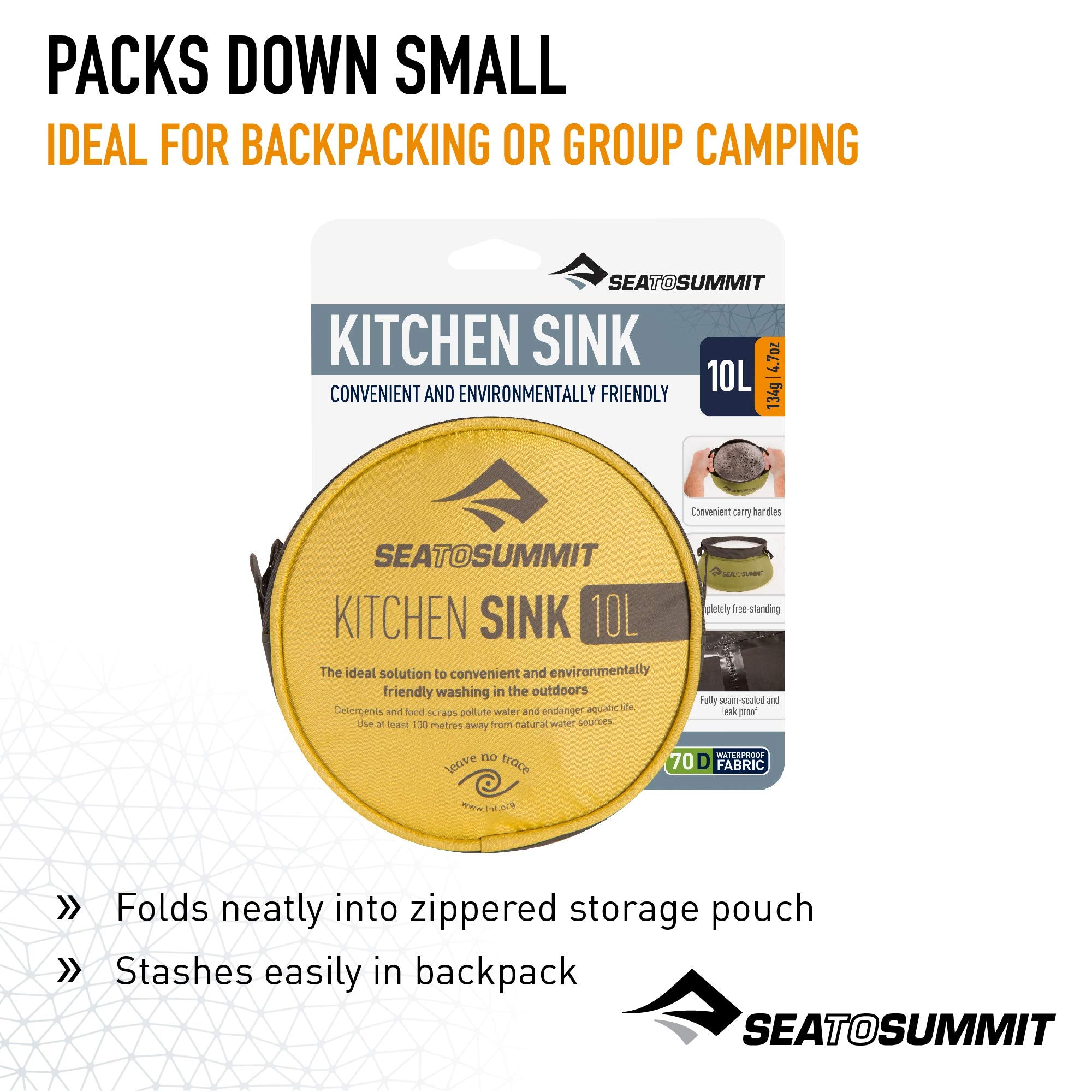 Sea to Summit collapsible sink with wide handles, easy transport.