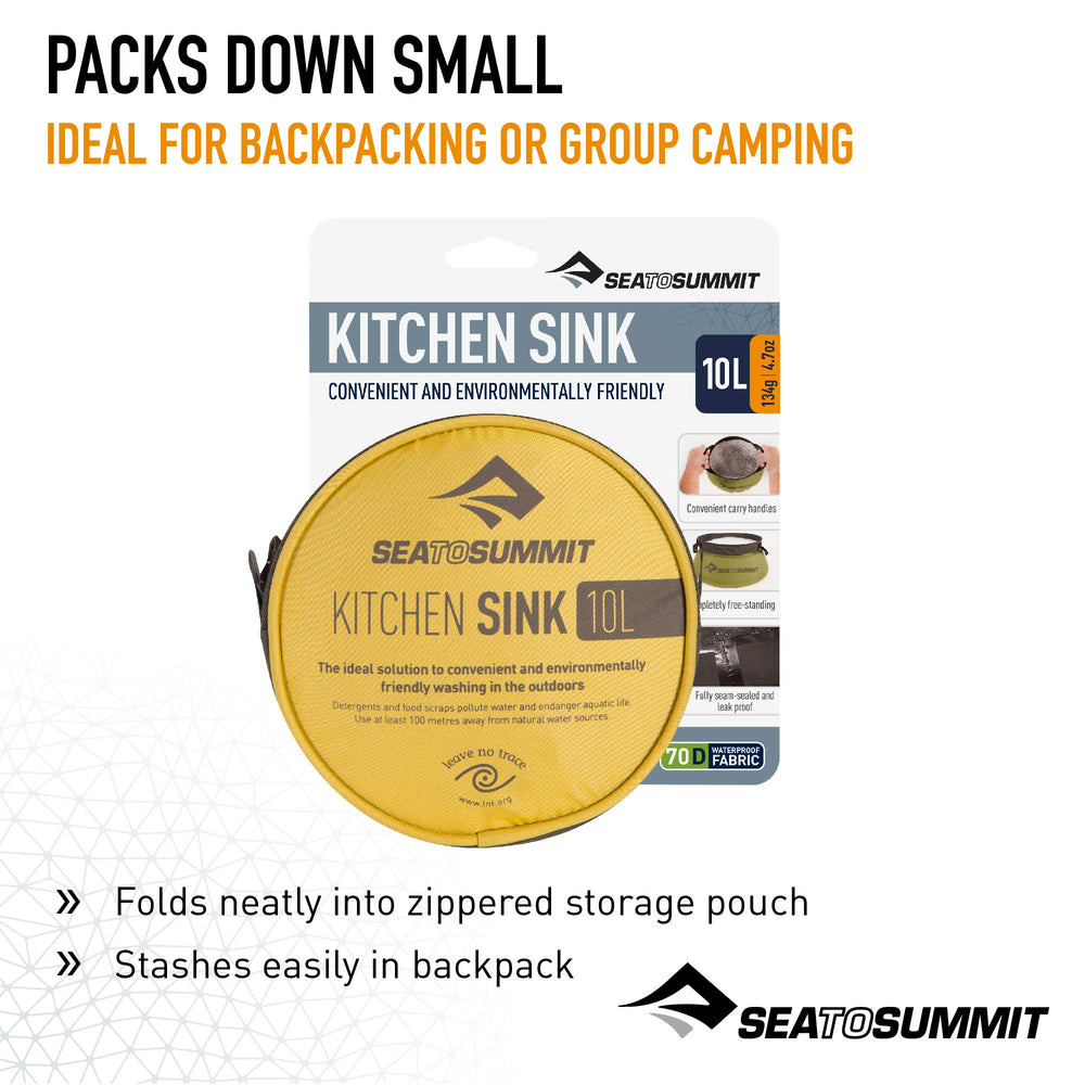 Sea to Summit collapsible sink with wide handles, easy transport.