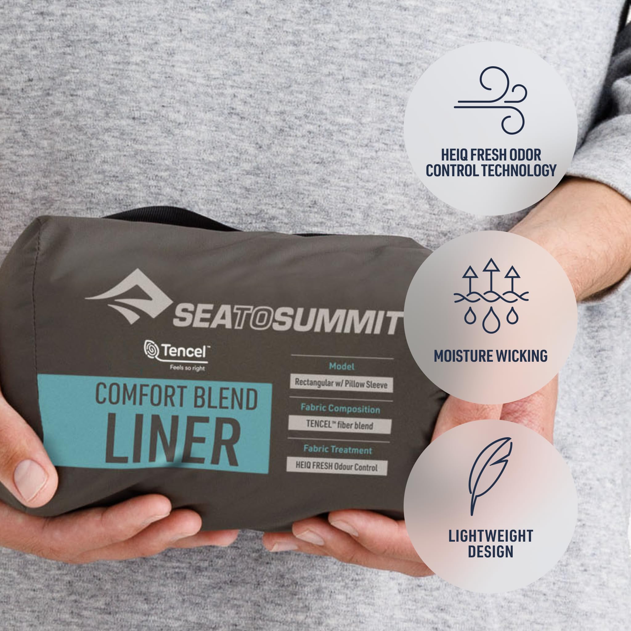 Sea to Summit Comfort Blend liner packed for travel demonstrates compact cleanliness.