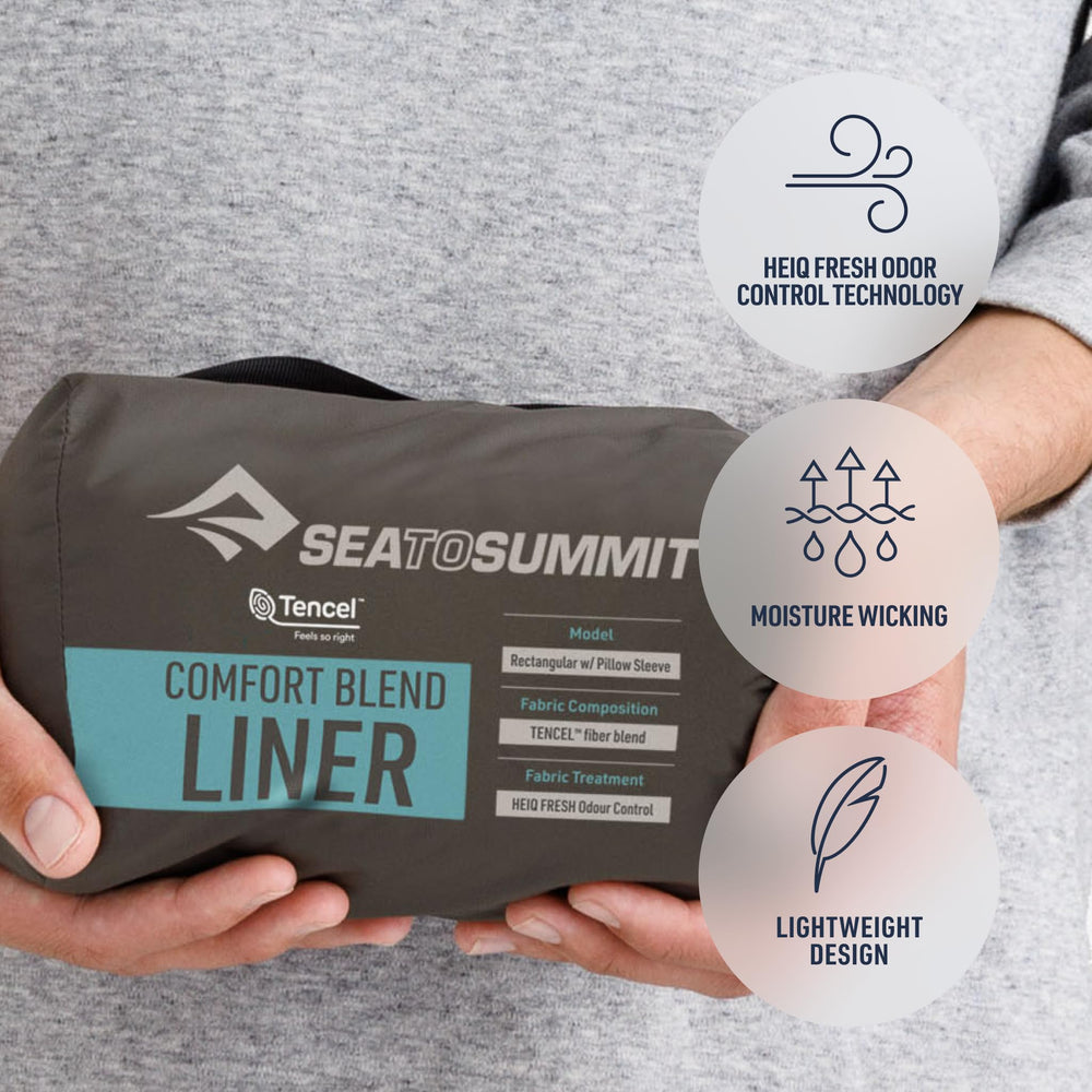 Sea to Summit Comfort Blend liner packed for travel demonstrates compact cleanliness.