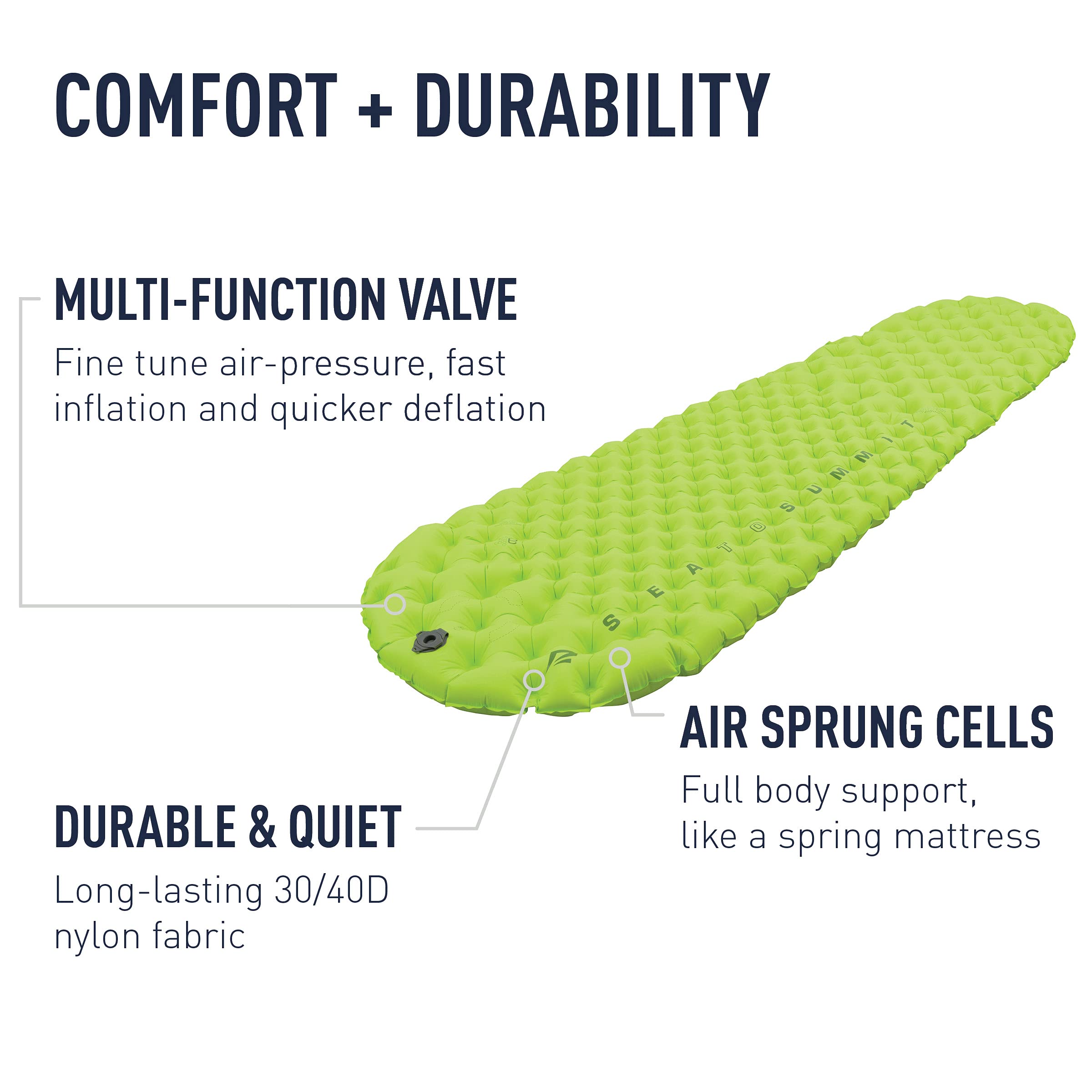 Sea to Summit Comfort Light quiet nylon face fabric reduces noise at night