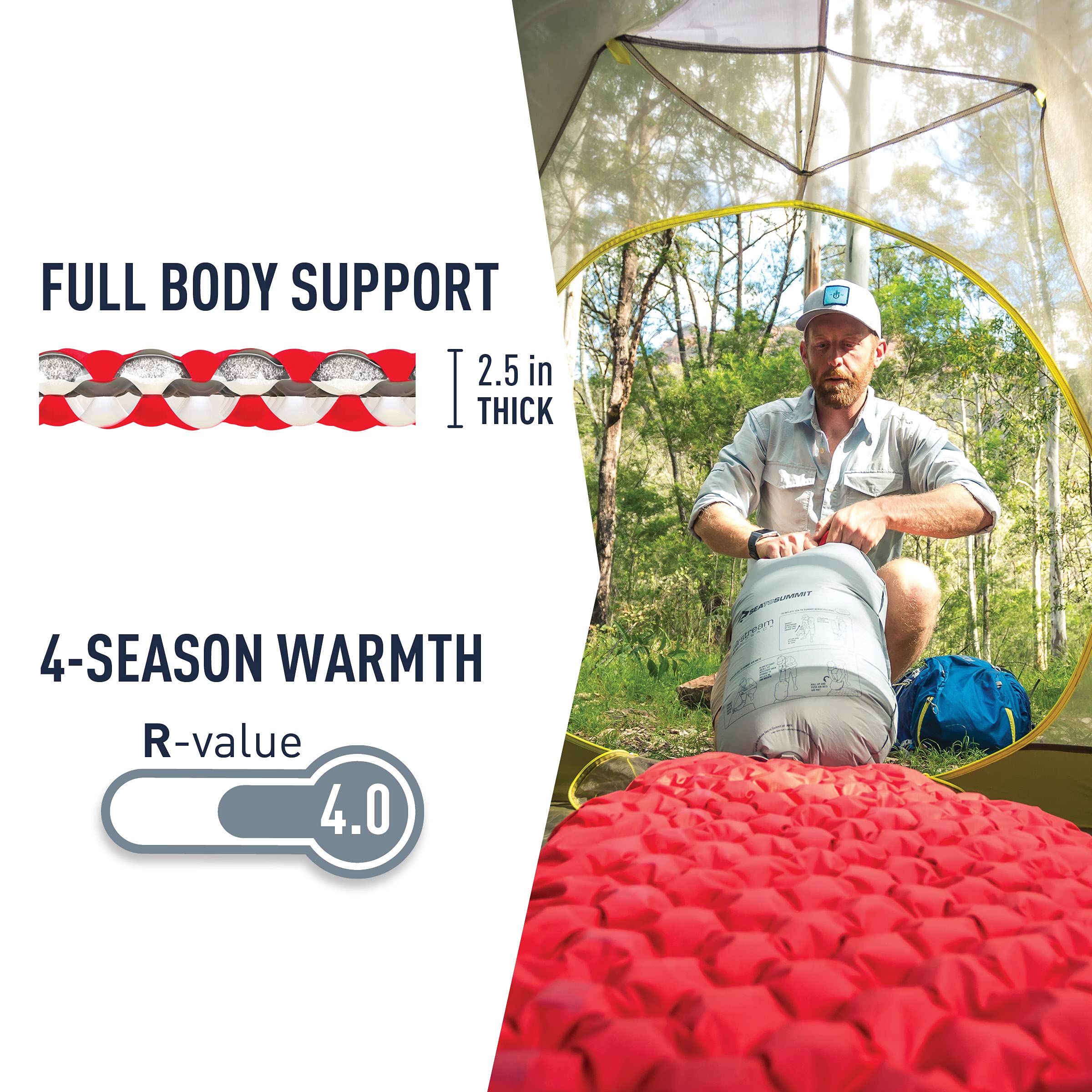 Sea to Summit Comfort Plus Thermolite insulation blocks heat loss for warm ground sleep.