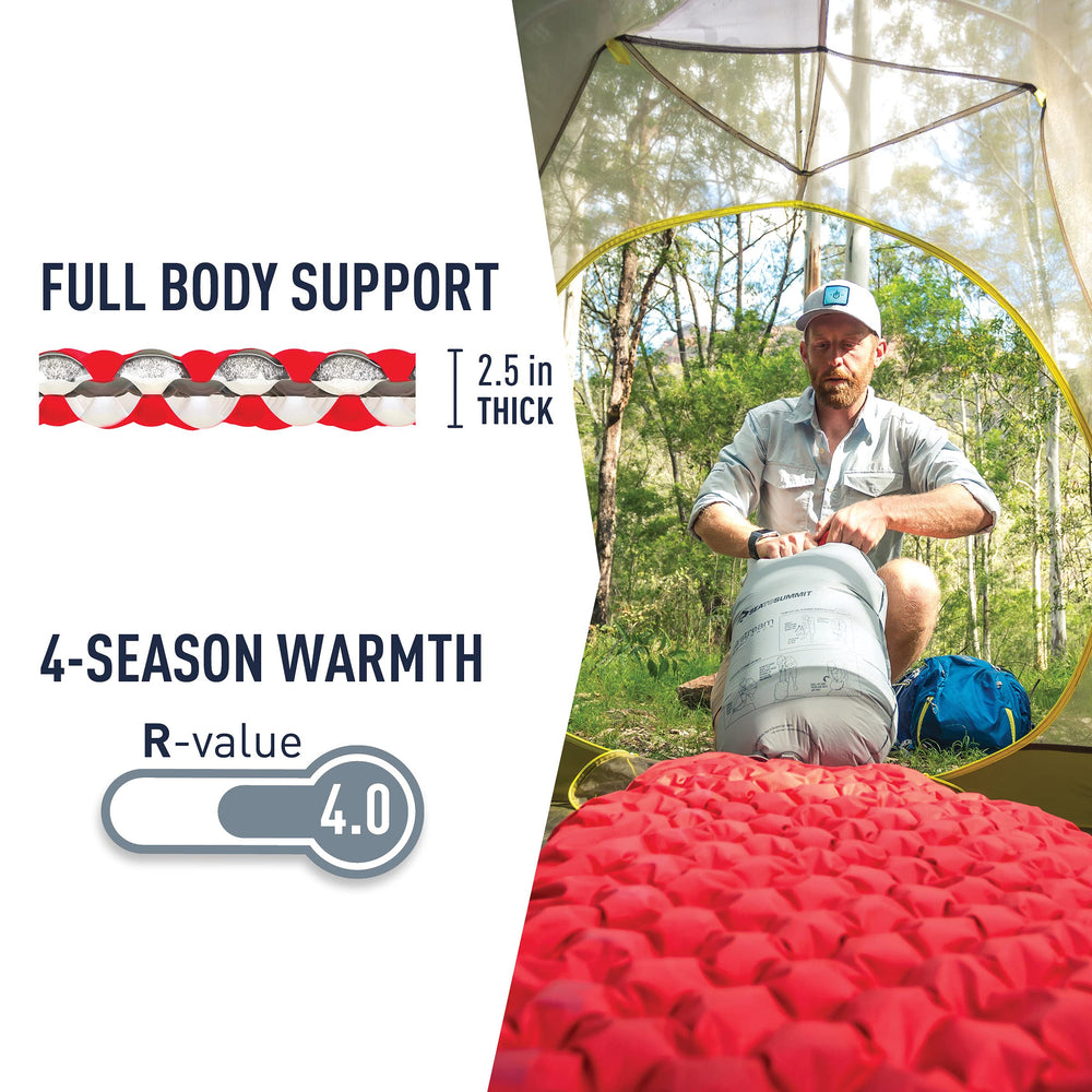 Sea to Summit Comfort Plus Thermolite insulation blocks heat loss for warm ground sleep.