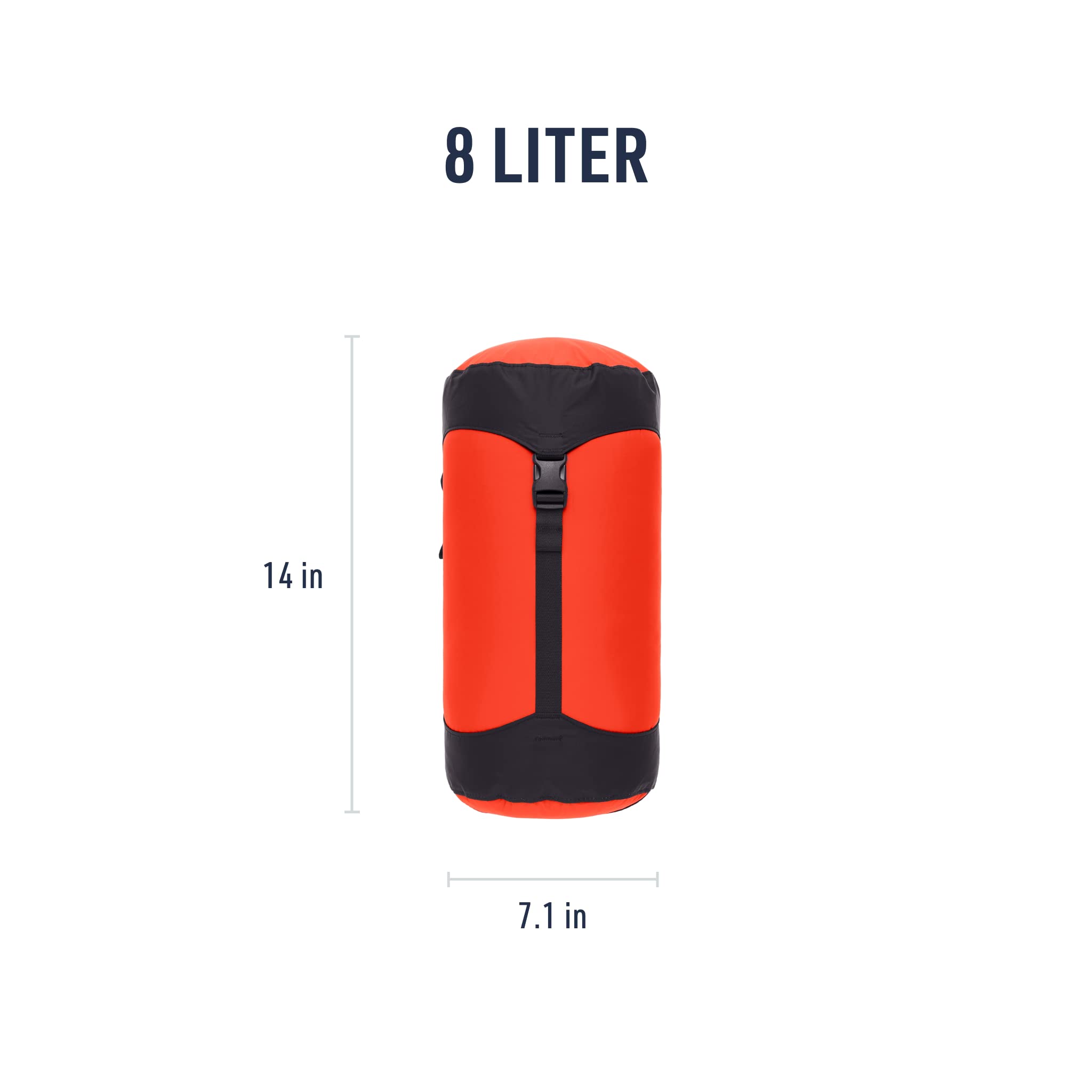 Sea to Summit 8L orange packed image shows reduced volume for efficient carry.
