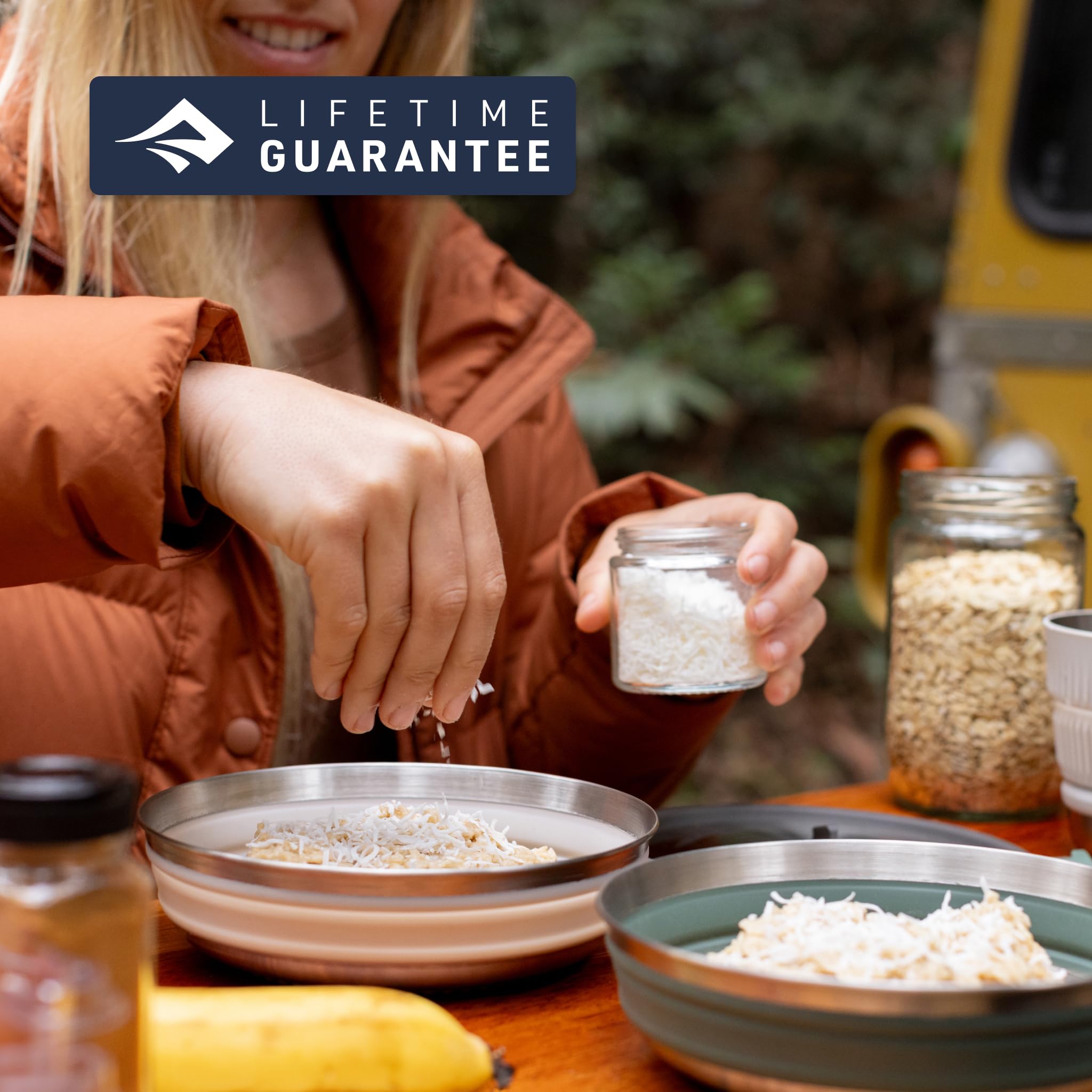 Sea to Summit Detour bowl beluga black expanded for meal prep on camping trips.