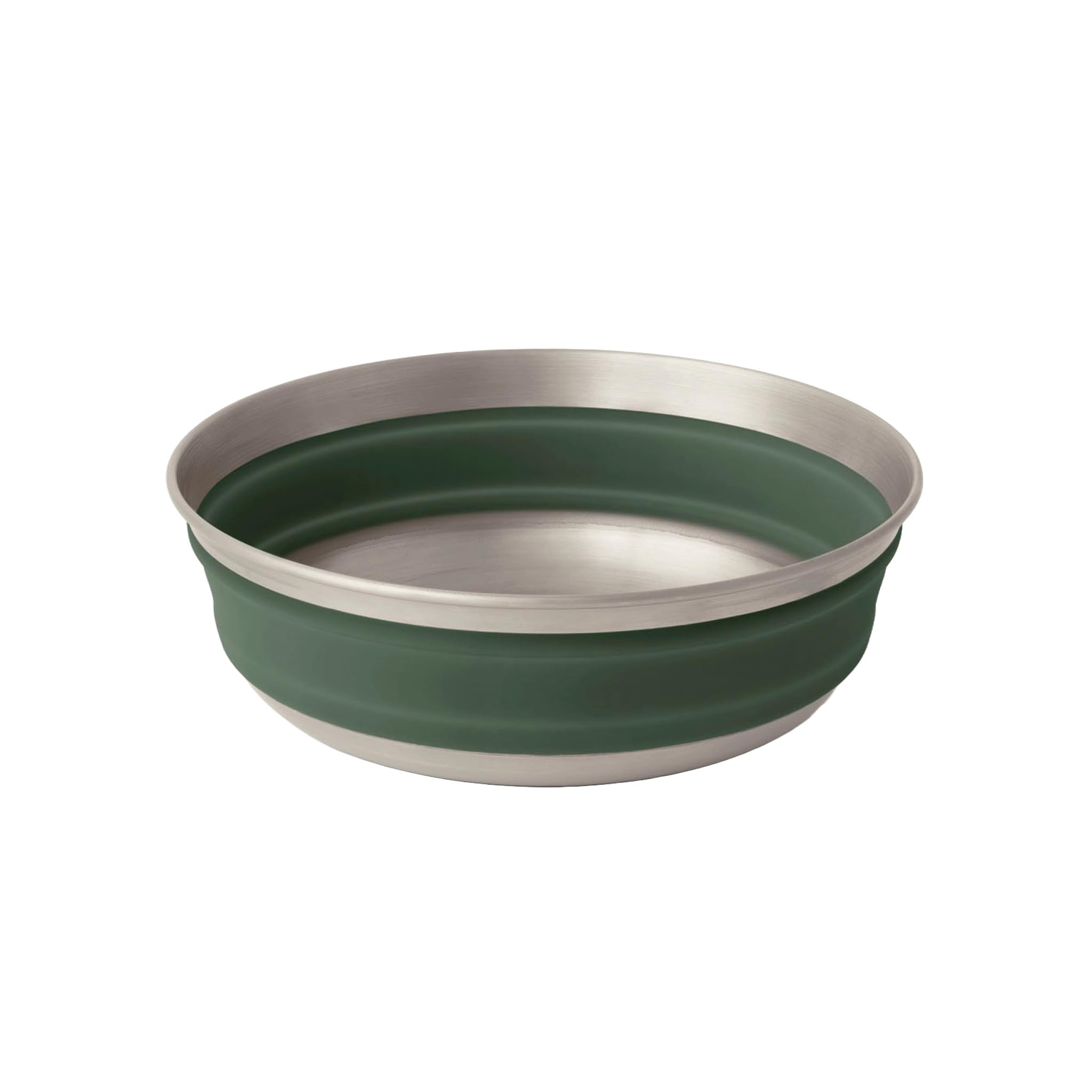 Sea to Summit Detour bowl collapsed for compact travel storage, laurel green.