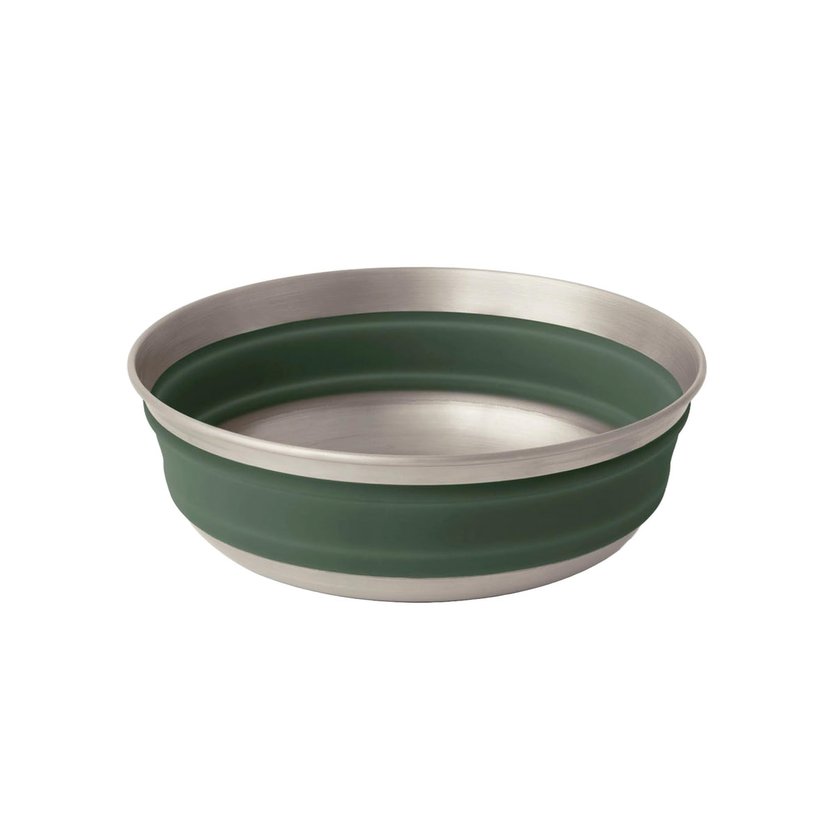 Sea to Summit Detour bowl collapsed for compact travel storage, laurel green.