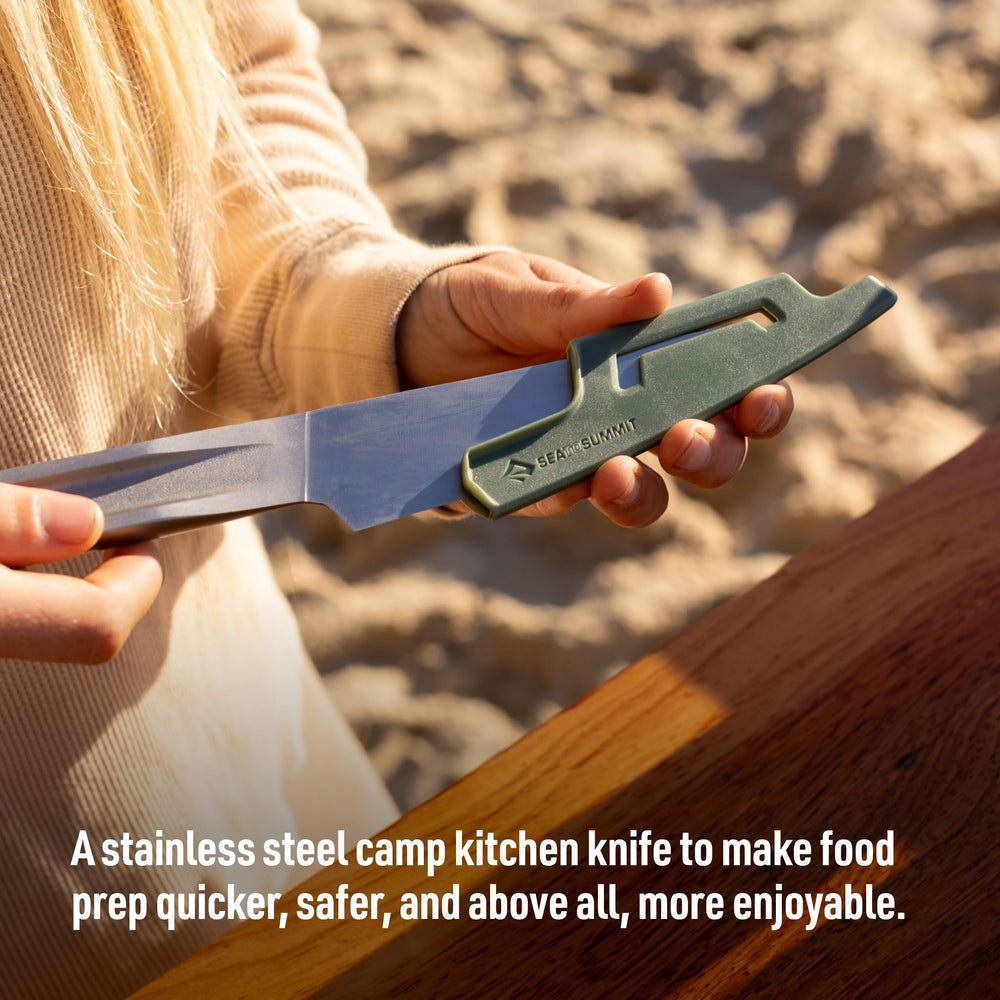 Sea to Summit Detour knife balanced handle shown for comfortable slicing.