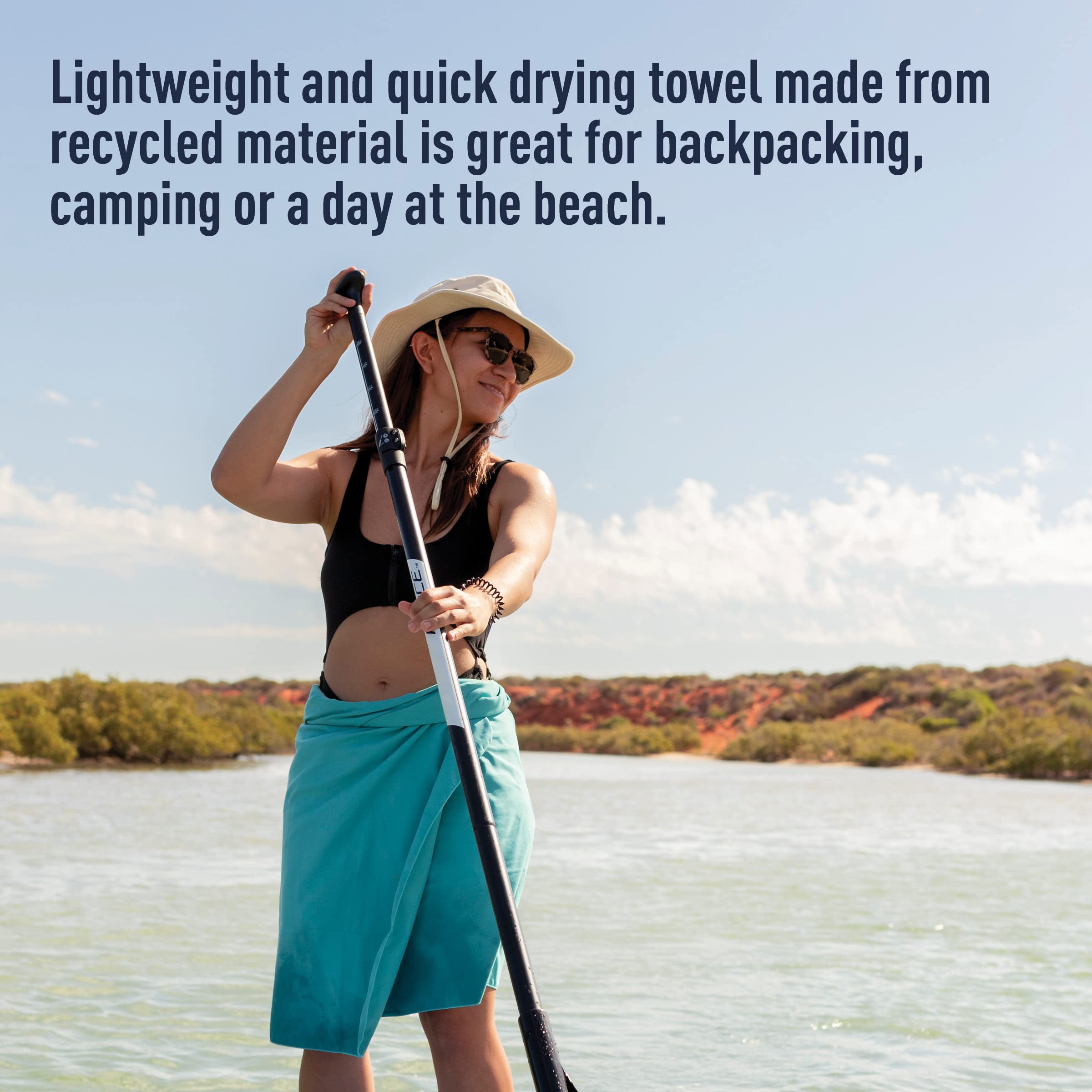 Sea to Summit Drylite towel with mesh storage pouch keeps towels organized on trips.