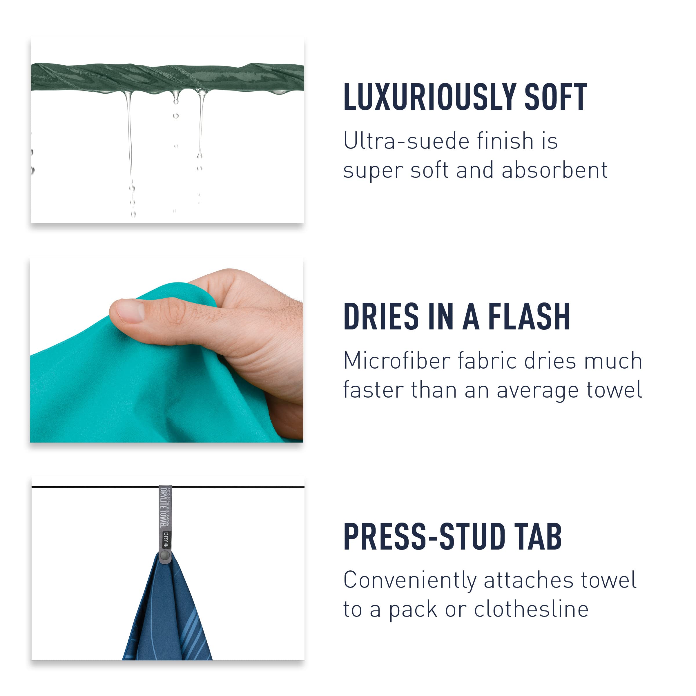Sea to Summit Drylite towel packable size fits packs and bags.
