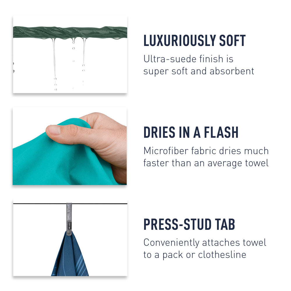 Sea to Summit Drylite towel packable size fits packs and bags.