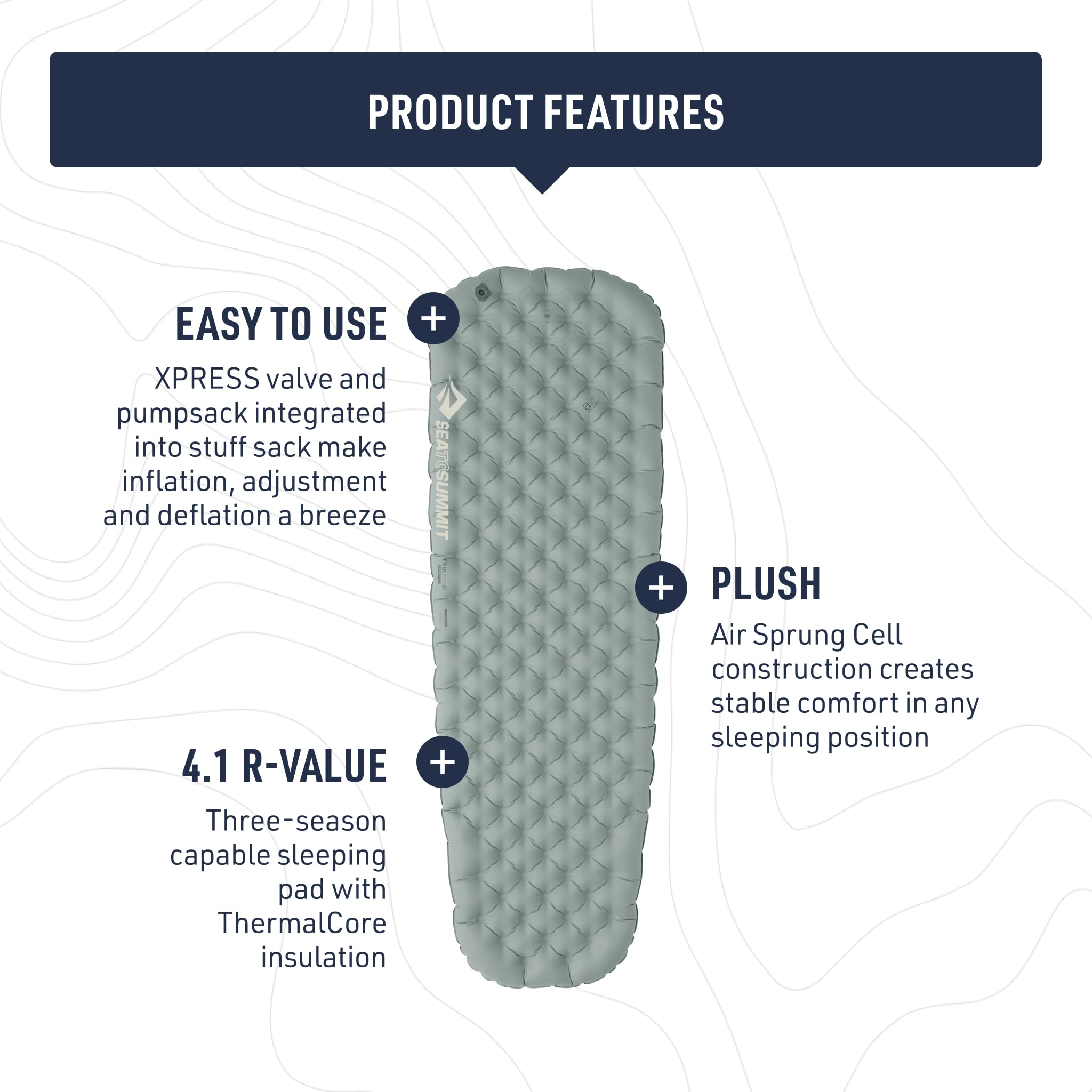 Sea to Summit Ether Light XR thermalcore insulation boosts warmth with quiet, reflective layers.