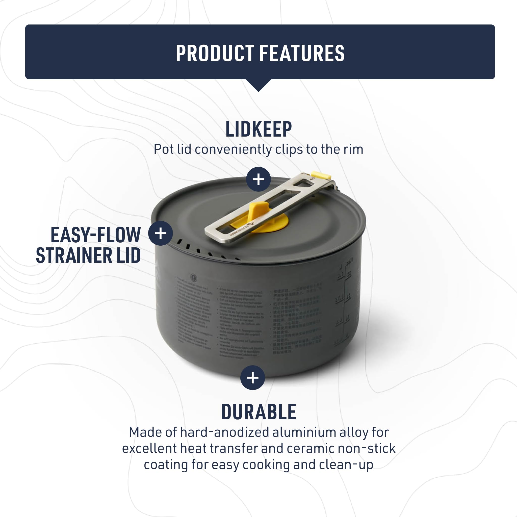 Sea to Summit Frontier Ultralight 1.3L pot with removable Click-Safe handle for easy packing.