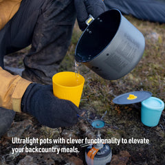 Sea to Summit Frontier Ultralight 1.3L pot on stove shows fast heat transfer.