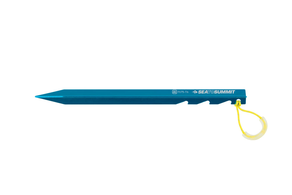 Sea to Summit Ground Control pegs with reflective cord and luminescent tabs aid night handling.