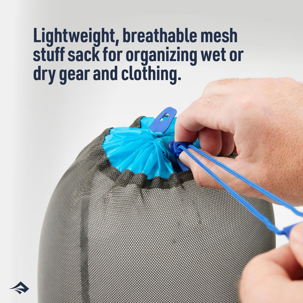 Sea to Summit 20L mesh stuff sack back view highlights compact carry and quick access.