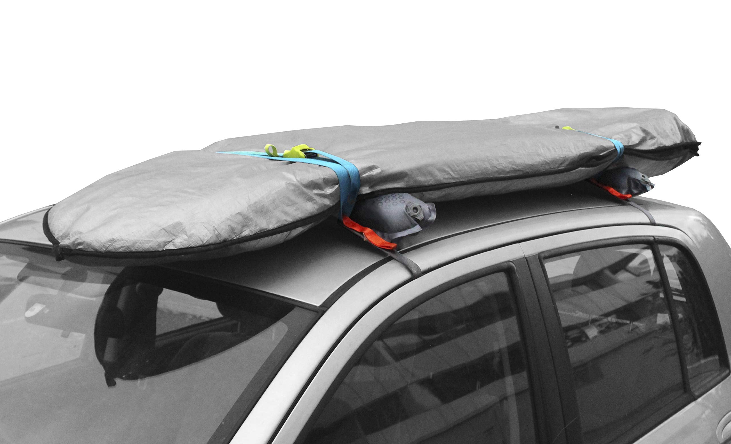 Webbing straps with cam buckles secure gear inside the vehicle.