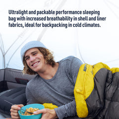 Sea to Summit Spark 0-degree contoured mummy shape demonstrates ergonomic fit for natural sleep position.