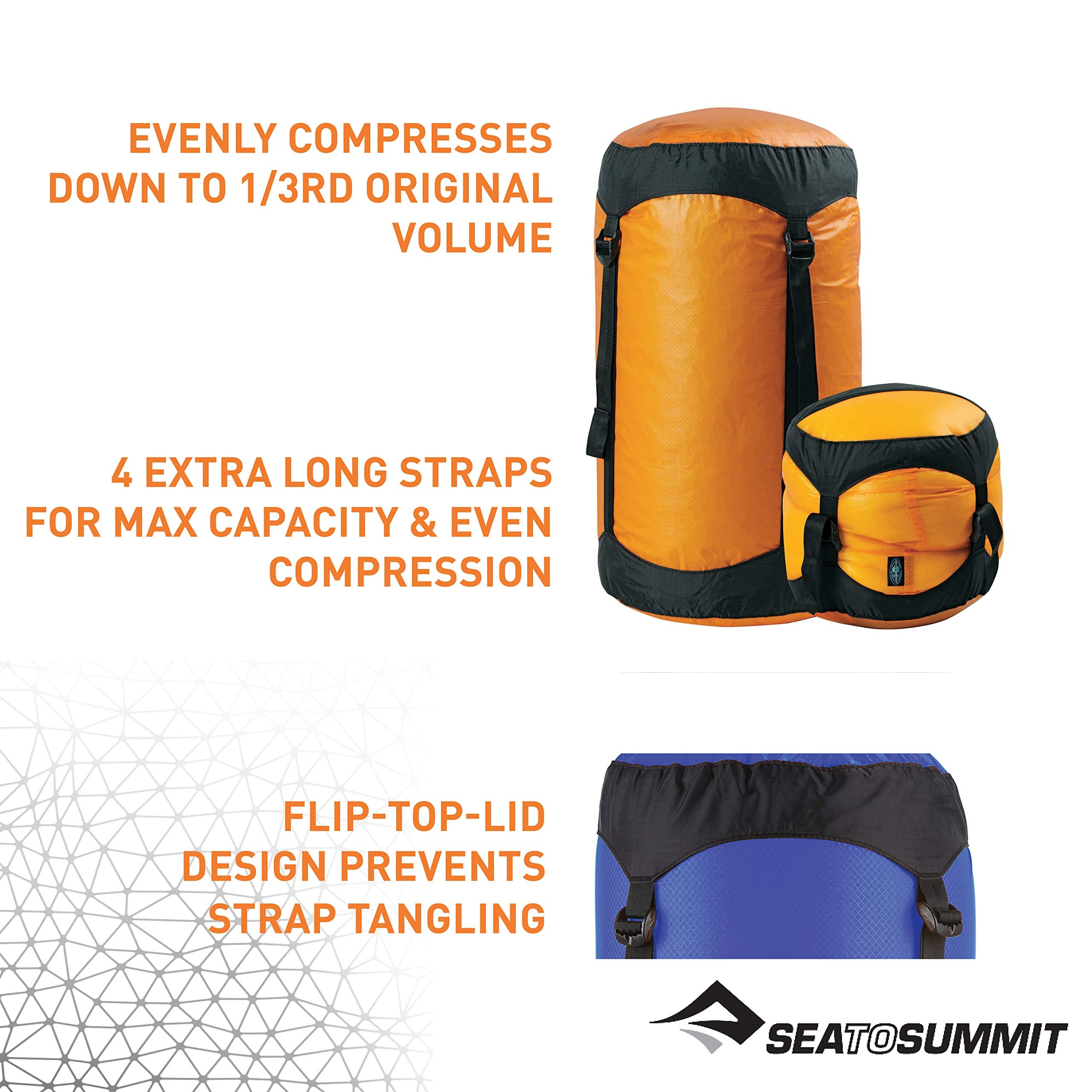 Lightweight Sea to Summit sack held with reinforced pull handle for easy carry.