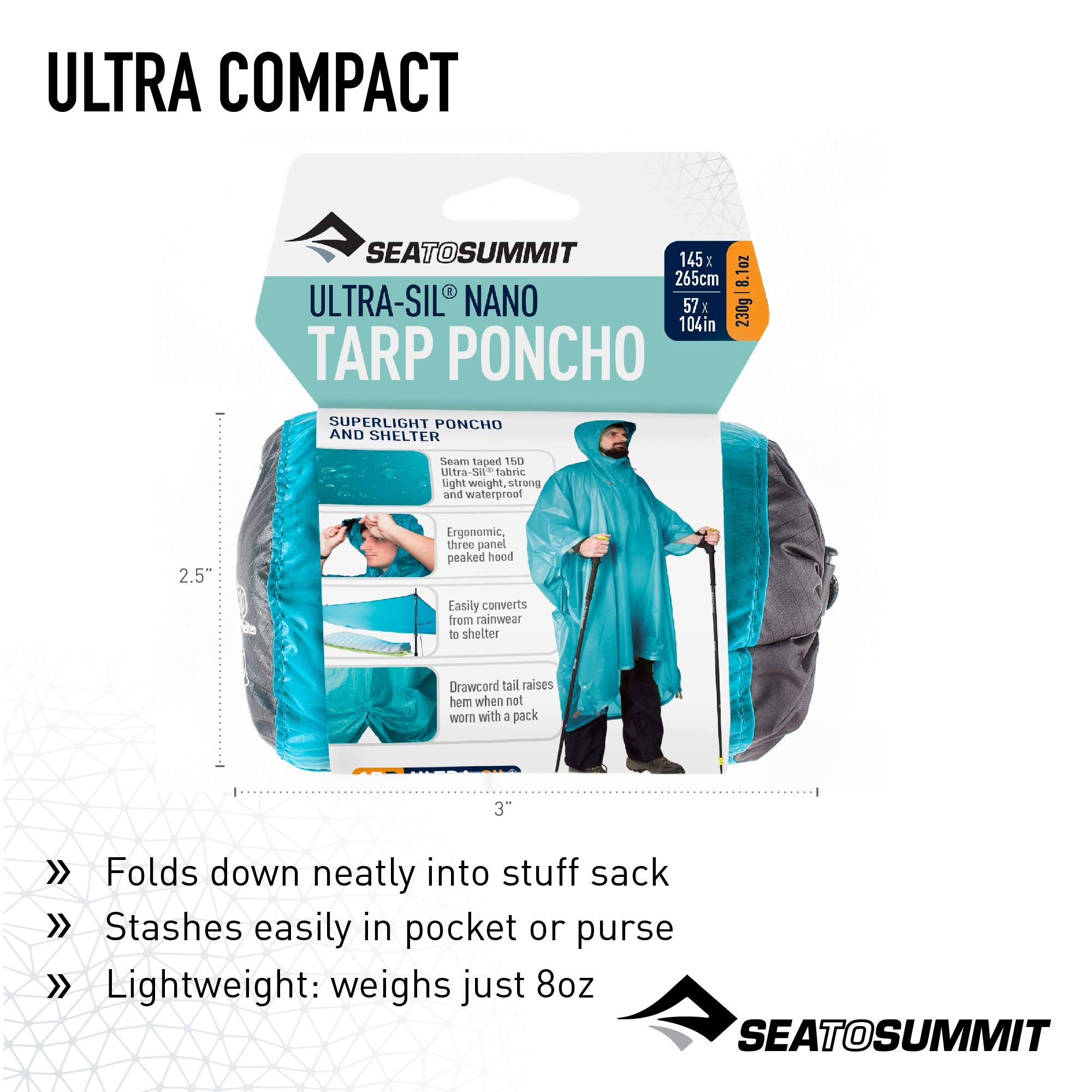 Sea to Summit Ultra-SIL Nano Tarp Poncho Pacific Blue packs compactly for easy travel.